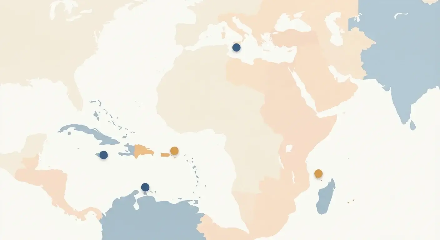 Abstrakte Übersichtskarte der Lizenzjurisdiktionen Malta, Curaçao, Anjouan und Kahnawake ohne konkrete Anbieternennung