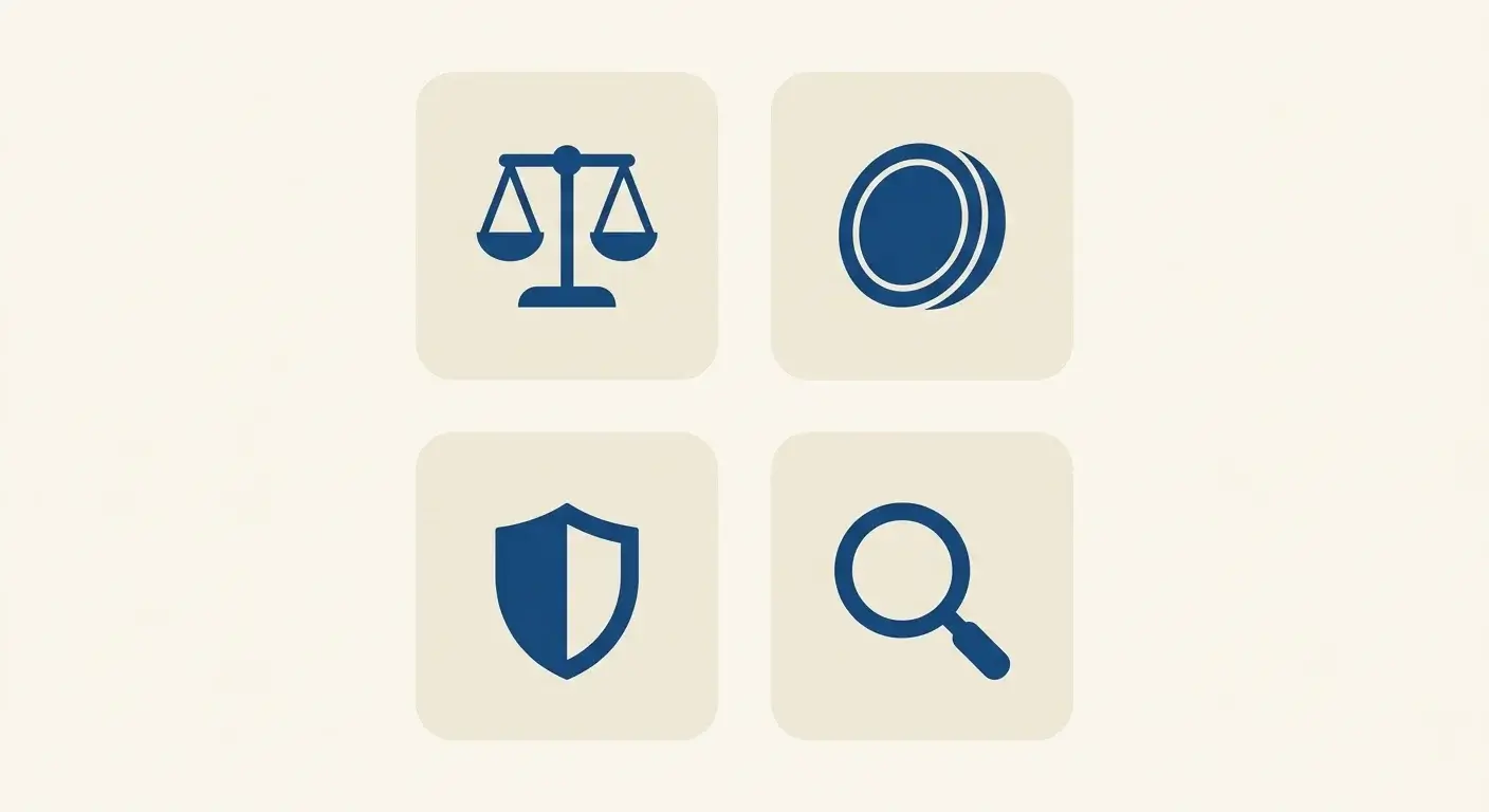 Übersichtsgrafik zu vier Risikofeldern bei Casinos ohne deutsche Lizenz: rechtlich, finanziell, spielerschutzbezogen, geldwäscheaufsicht
